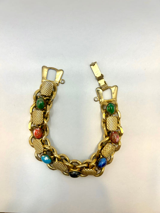 Vintage Goldtone Cabochon Gemstone Multicolor Bracelet